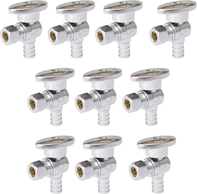 Angle Stop Valve,1/2 Inch Pex X 3/8 Inch OD Compression Angle Shut-off Valve with 1/4 Turn on/off (Pack of 10,ASTM F1807)(VALVE076-10Pack)