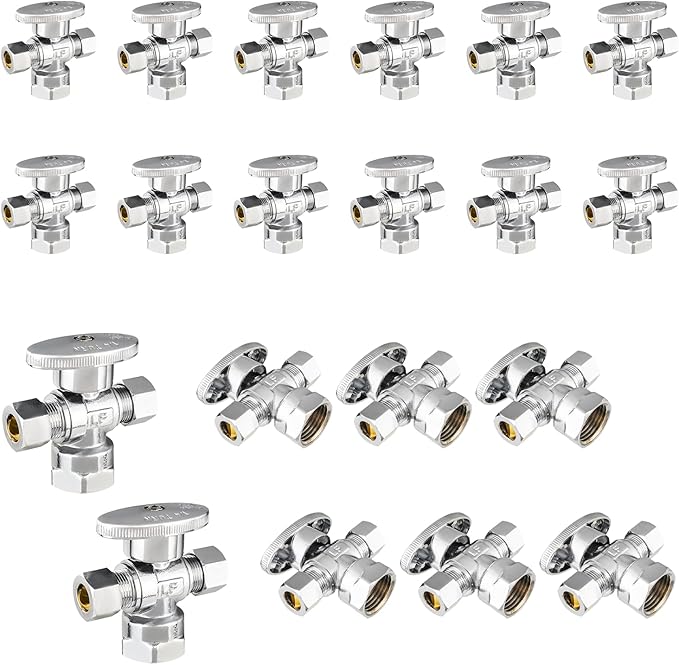 20-Pack Foskan Dual Outlet Angle Stop Valve,1/4 Turn Shut off Valve,1/2" FIP x 3/8" OD x 3/8" OD,Chrome Plated Brass