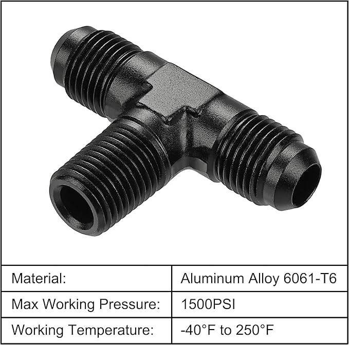 EVIL ENERGY 6AN Tee Male Flare to 1/4 NPT on Side Branch T Fitting Adapter Aluminum Black