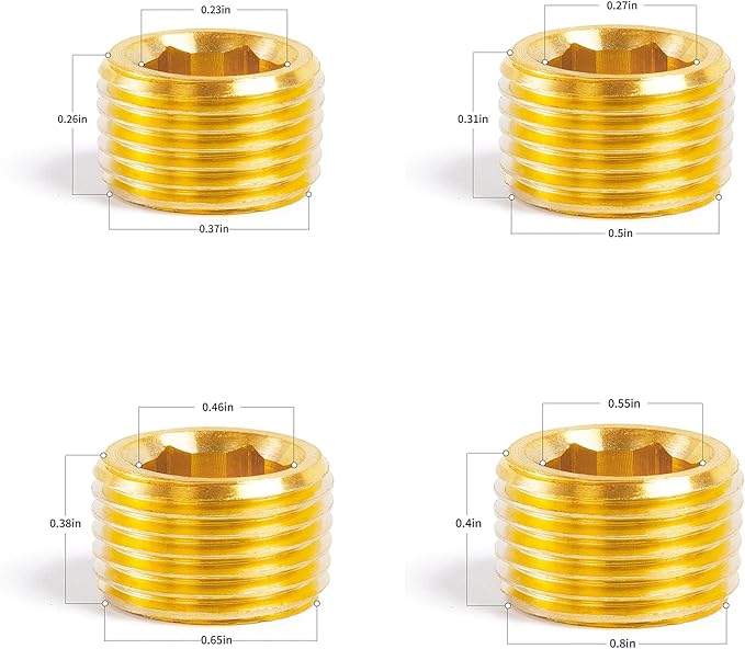 ChillWaves Brass Pipe Fitting Kit, Internal Hex Head Socket Pipe Plug Fitting，5 × 1/8" NPT，5 × 1/4" NPT，5 × 3/8" NPT，5 × 1/2" NPT Male，Thread Adapter(20-PACK)