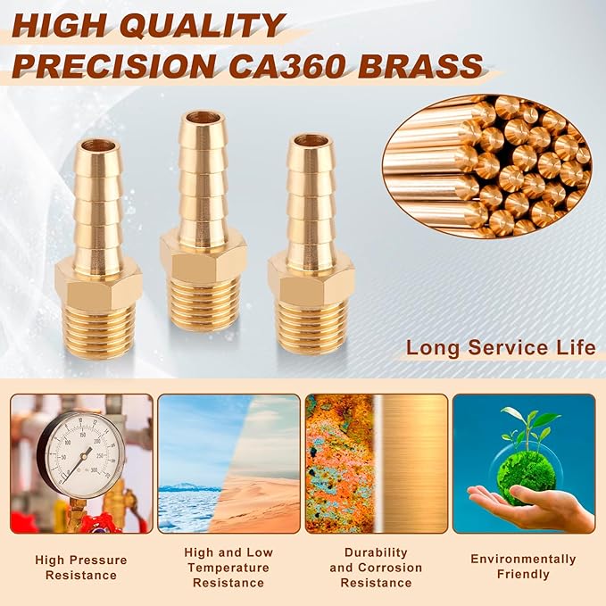 5pcs Brass Hose Barb Fittings 5/16 Inch Barb to 1/4 Inch NPT Male Thread Air Hose Fittings Adapter Connector Water Fuel Air Line Fittings 5/16” × 1/4” NPT Brass Fittings