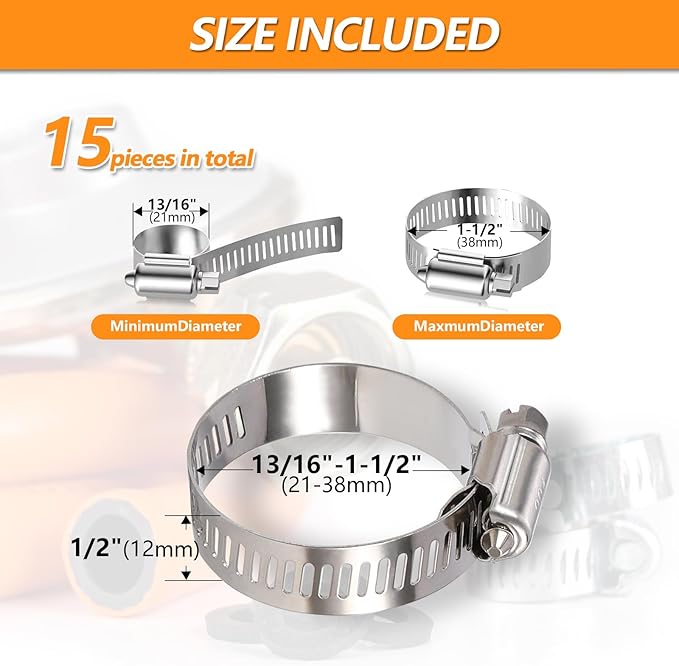 15 Pack Worm Gear Hose Clamp, Adjustable Range 13/16"-1-1/2"(21-38mm) 304 Stainless Steel Fuel Line Hose Clamps, Metal Fuel Line Hose Clamps for Plumbing,Intercooler, Pipe, Fuel Line Radiator Clamps