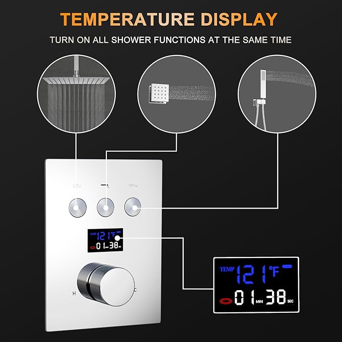 AYIVG 3 Way Shower Diverter Thermostatic Valve LED Digital Display Shower Valves Concealed Shower Control Valve Kit 3 Functions Shower Faucet Valve in Chrome Can Use All Options At a Time