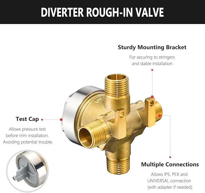 R11000 Rough-In Valve for D 3-Setting or 6-Setting Shower Diverter Faucet, Compatible With D 3 Way or 6 Way Trim Kits, Brass Construction