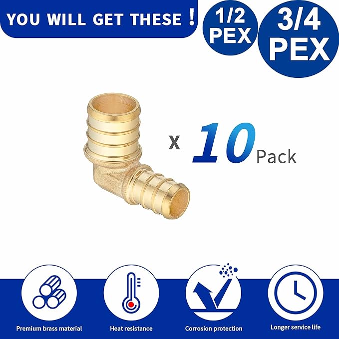 (10 Pack) Lidertik Pex Fittings 90 Degree Elbow Crimp Fitting, 1/2" PEX B F1807 to 3/4" PEX B F1807 Adapter Brass LI-APXE1234(10 Pieces)