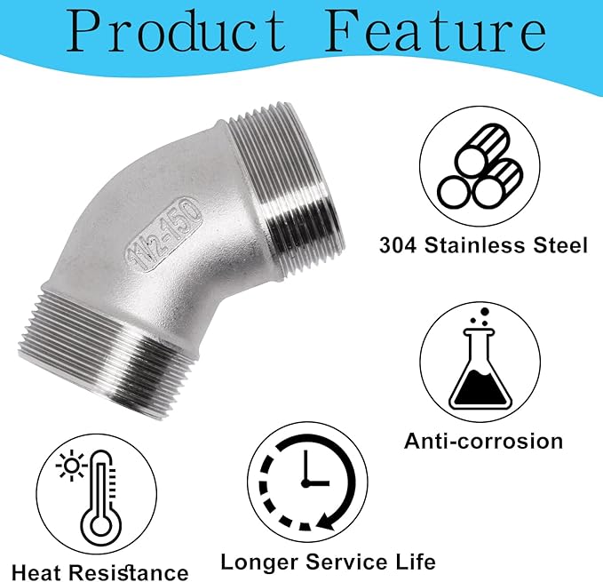 1PCS 304 Stainless Steel 45 Degree Elbow, 1-1/2" NPT Male Pipe to 1-1/2" NPT Male Coupler, Heavy Duty Forged Street Elbow Adapter Pipe Fittings, Class 150