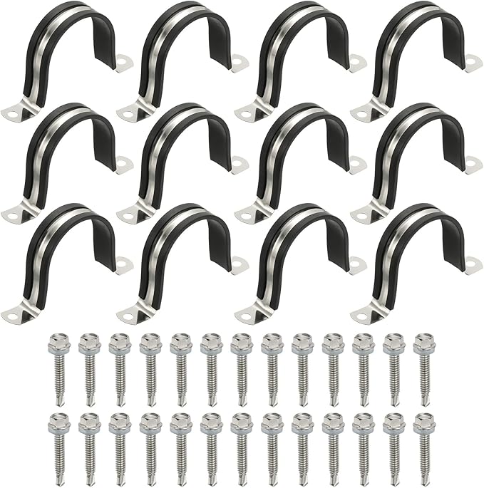 PATIKIL 12Pcs Pipe Clamps, 2-3/16 Inch 304 Stainless Steel Rubber Cushioned U Bracket Conduit Clamps Pipe Strap Wire Clips with Hexagonal Screw for Tube Hose Cord Installation, 55mm