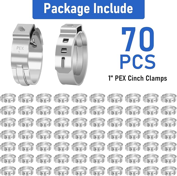 Kodilin 70-Pack 1 Pex Crimp Rings, Heavy-Duty 304 Stainless Steel Single Ear Pex Clamps Wider & Thicker Pex Cinch Clamps for Superior Grip & 360° Seal, Fits PEX Tubing Pipe Fitting Connections