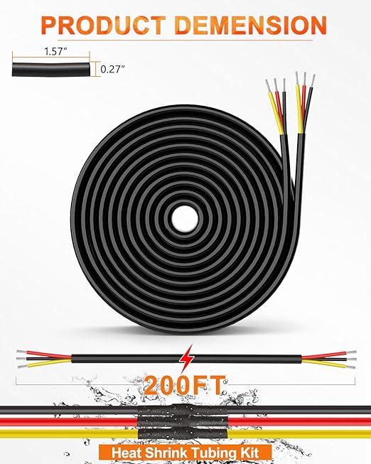 NAOEVO 18 Gauge Wire 3 Conductor Electrical Wire, 18 AWG Stranded PVC Cord, 12V Low Voltage/Tinned Copper/Flexible Cable for Automotive Wiring, Lamp Cord, Marine Cable (200FT)