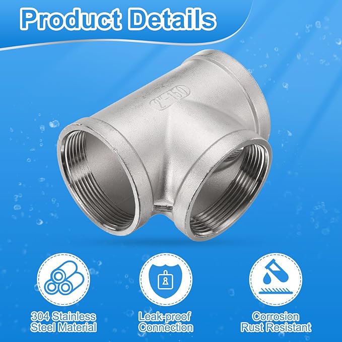 uxcell 304 Stainless Steel Tee Pipe Fittings G2" Female Tee Adapter 3 Way t Shaped Cast Pipe Fitting Connector with Seal Tape for Plumbing Drainage Pipes Heating Systems