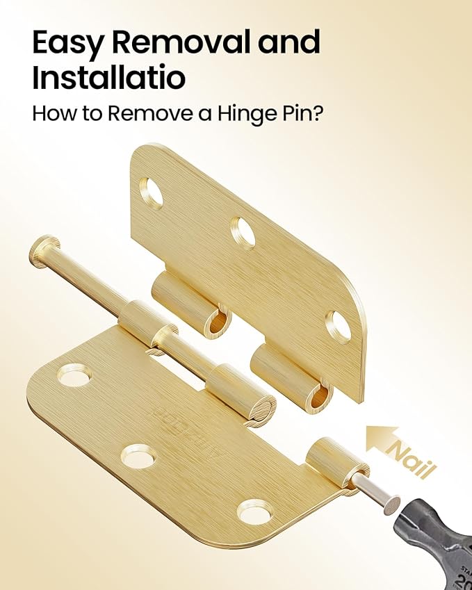 Gold Door Hinges - 18 Pack 3.5 Inch Rounded with 5/8" Radius Satin Brass Door Hinges for Interior and Exterior Doors - Heavy Duty 3 1/2" Brushed Gold Residential Door Hardware