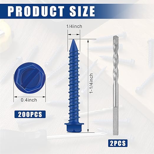 200 Qty 1/4" x 1-1/4" Hex Head Concrete Screws Anchor with Drill Bits Blue Slotted Hex Screws for Anchor Masonry, Block, Brick, Cement, Stucco, Diamond Point and Wood Fastening