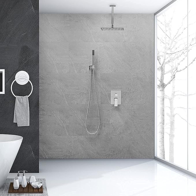 BWE 16 Inch Ceiling Mounted Shower System Chrome Rainfall Shower Head with Handheld Spray Modern Bathroom Luxury Rain Mixer Shower Combo Set Shower Faucet Rough-in Valve Body and Trim Included