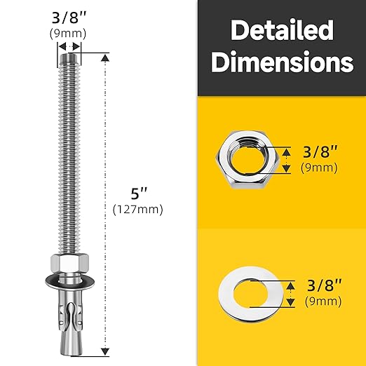 Mywish 3/8 x 5 Inch Wedge Anchors, 5Pcs 304 Stainless Steel Industrial 3/8 Heavy Duty Industrial Masonry Wdege Anchor Bolts for Brick Cement and Concrete, Bright Finish