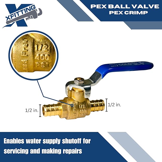 10 PACK XFITTING HOT (RED) COLD (BLUE) OF 1/2" PEX BRASS FULL PORT SHUT OFF BALL VALVE - 1/4" TURN (LEAD-FREE BRASS)