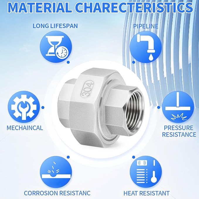 ChillWaves 304 Stainless Steel Cast Pipe Fitting, Union，1/2" NPT Female，Thread Adapter(4-PACK)