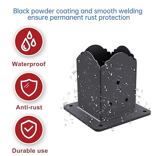 4x4 Post Base(４-Pack), Heavy-Duty Post Bracket (3.6 x 3.6 Inch Inner Size), Decorative Powder-Coated Wood Post Anchors for Pergolas, Fences, Decks, Come with Wood Screws and Concrete Anchors