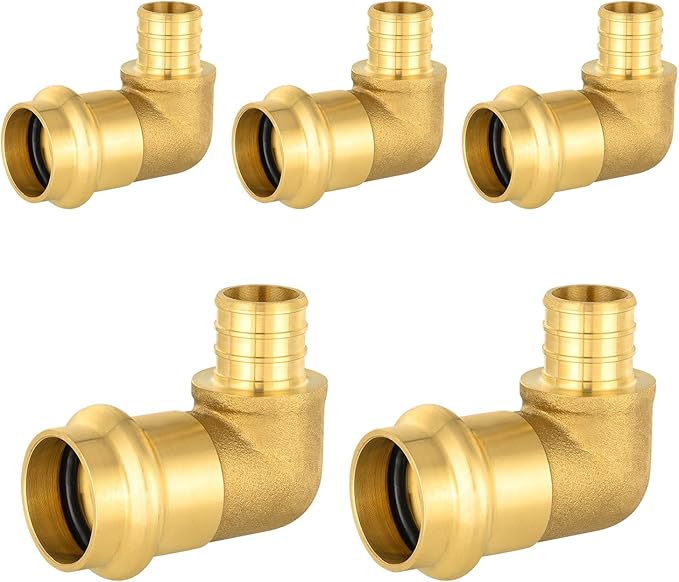 5-Pack HeSun Copper Press Fitting Elbow, 1" PRESS X 1" PEX F1807 Crimp Elbow, LF Brass