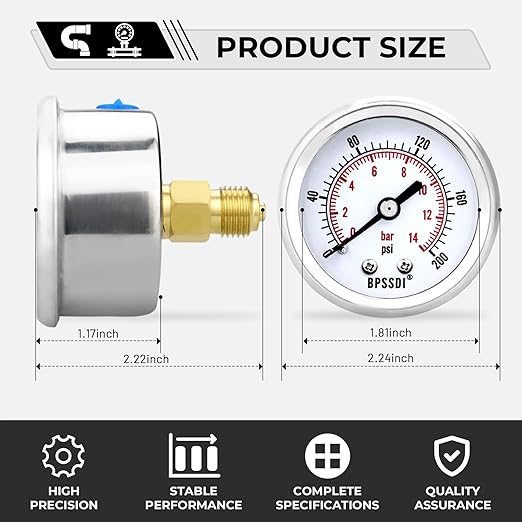 0-200 Psi Low Pressure Gauge, 2" Dial Size, 1/4 NPT Back Mount, Stainless Steel Case for Water Pressure Gauge Test for Water Pipe, HVAC(with Tape)
