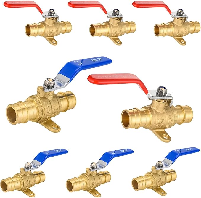 8-Pack Foskan Brass PEX-A Expansion Drop Ear Full Port Ball Valve, 1" Shut-off Valve for Hot and Cold Water Distribution(Blue and Red)