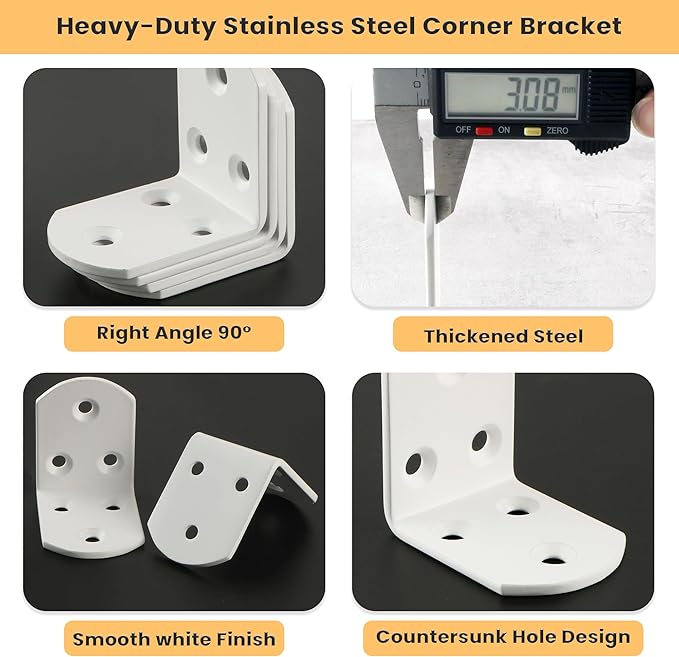 Alise 4Pcs Stainless Steel L Brackets for Shelves White, Small Floating Shelf Brackets, 90 Degree Right Angle Bracket, Heavy Duty Metal L Bracket Corner Brackets for Wood Furniture (1.97X1.97 in)