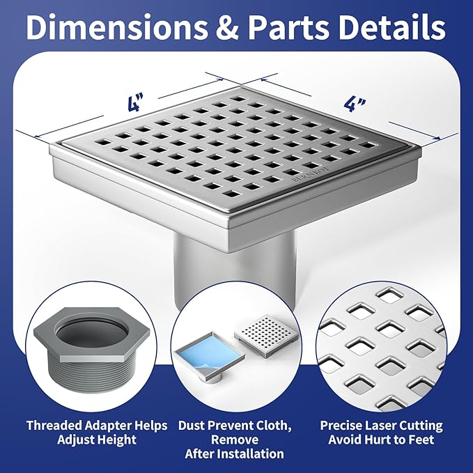Square Shower Drain 4", 304 Stainless Steel Floor Drain with Grid Drain Cover & Hair Strainer, Retrofit Shower Drain w/CUPC Certified, Brushed