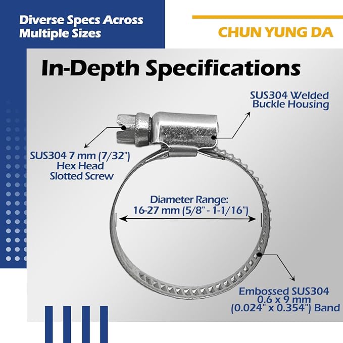 Embossed Worm Gear Hose Clamps Size#10, 5/8-1-1/16 inch Adjustable Heavy Duty Stainless Steel Hose Clamp, all 304 for Radiator Hose Clamps (16-27 mm, 10 Pack)