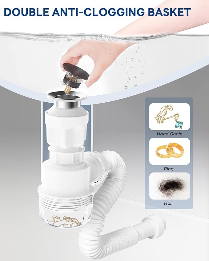 BOTEMY 1 1/2" Bathroom Sink Drain Kit with Flexible Drain P-Trap - No Tool Installation, Anti-Odor White Sink Drain Pipe Kit for Bathroom, Black Pop Up Stopper &Strainer Hair Catcher(with Overflow)