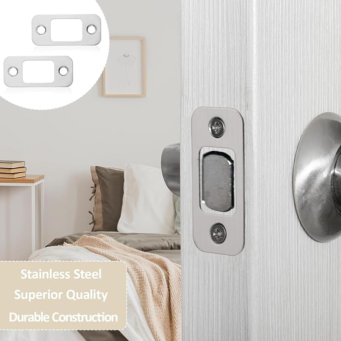 4Pcs Door Strike Plate Round Corner Stainless Steel Deadbolt Strike Plate 1" x 2-1/4" Door Lock Plates with 8 Screws for Interior/Exterior Doors