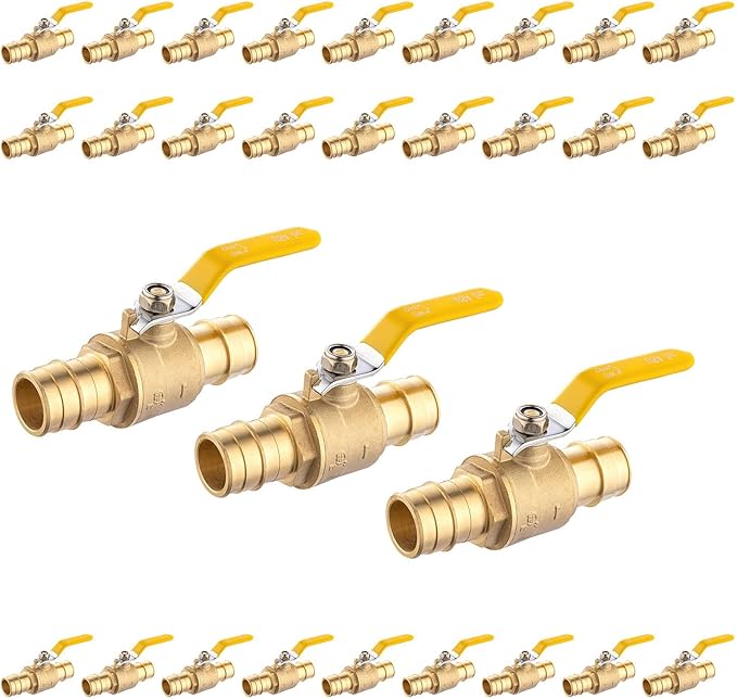 30-Pack Foskan 1" Brass PEX-A Ball Valve with Yellow Handle, Quarter Turn Full Port Valve for PEX-A Pipe Connection