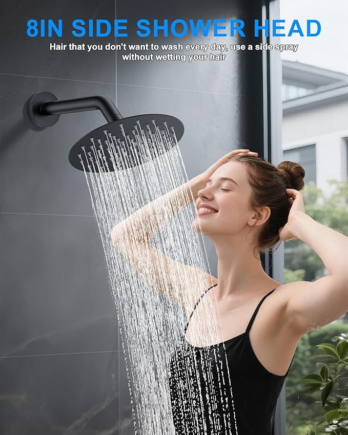 Shower System with Pressure Balance Valve, 10" Ceiling Mount Shower Faucet Set with 2 Rain Shower Head And Multi-function Handheld Head Push Button Diverter Pressure Balancing Valve Kit, Matte Black
