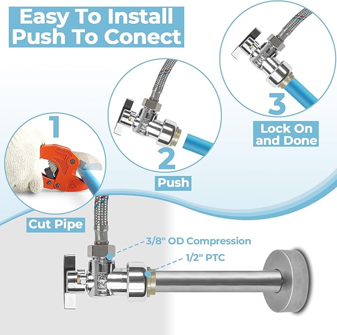 5PCS Angle Stop Valve, 1/2 x 3/8 Inch Compression Angle Water Shut Off Valve, Toilet Faucet Valve, Pushfit 1/4 Turn, No Lead Brass Push to Connect Plumbing Fitting for Copper, CPVC, PE-RT, PEX Pipe