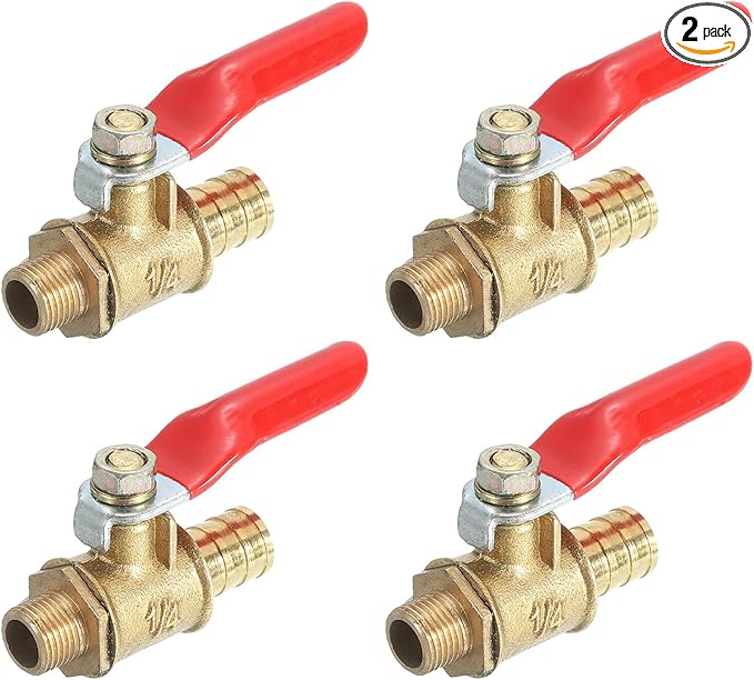 uxcell 2Pcs Brass Water Mini Ball Valve Shut Off Switch, G1/8" Male x 3/8" Hose Barb, 180 Degree Operation Handle, Brass Valve