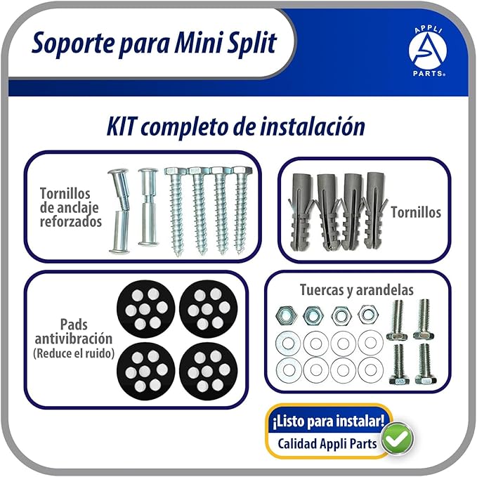Appli Parts Soporte para montaje en pared de Unidad Condensadora Externa de Mini Split hasta 100kg modelo APAB-2100 incluye kit de fijacion, pernos y gomas