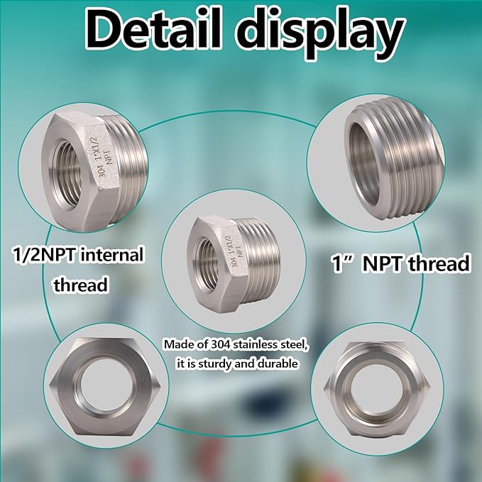 2 Pcs 1" Male NPT to 1/2" Female NPT Reducer Hex Bushing，304 Stainless Steel Pipe Fitting Hex Bushing, Heavy Duty Pipe Fitting Reducer Adapter