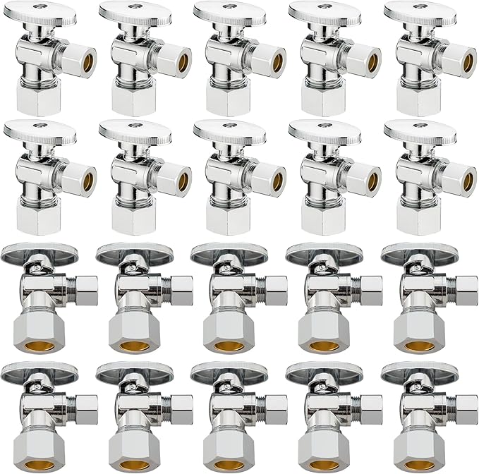 (20 Pack) Lidertik 5/8 inch Compression (for 1/2 inch Normal Pipe) Angle Stop Valve 1/2 inch x 3/8 inch Compression for Water Toilet Bathroom Sink Brass Plated Chrome 1/4 Turn Valve JF-COMP-A(20 PCS)