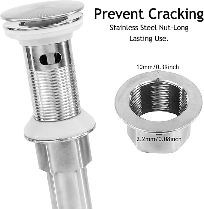Bathroom Sink Drain,Drain Stopper Bathroom Sink with Overflow,Pop Up Drain Assembly with Detachable Strainer Basket,Built-in Anti-Clogging, Stainless Steel Nut Brushed Nickel
