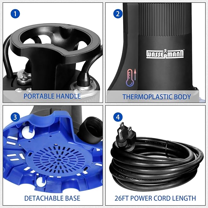WASSERMANN Automatic Pool Cover Pump, 1/3 HP 4200GPH Submersible Pump Auto On/Off with Check Valve and 26FT Long Power Cord 115V Water Removal for Above Ground Pools, Hot Tubs, Spas