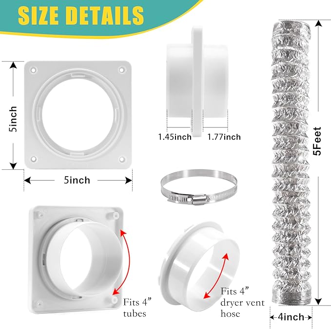 VIWINVELA Dryer Vent Hose Connector Kit - Dryer Vent Wall Plate with Hose - Dryer Duct Connector with Quick Connect & Disconnect Dryer Dock Connector (Dryer Vent Connector with 4in-5ft Hose)