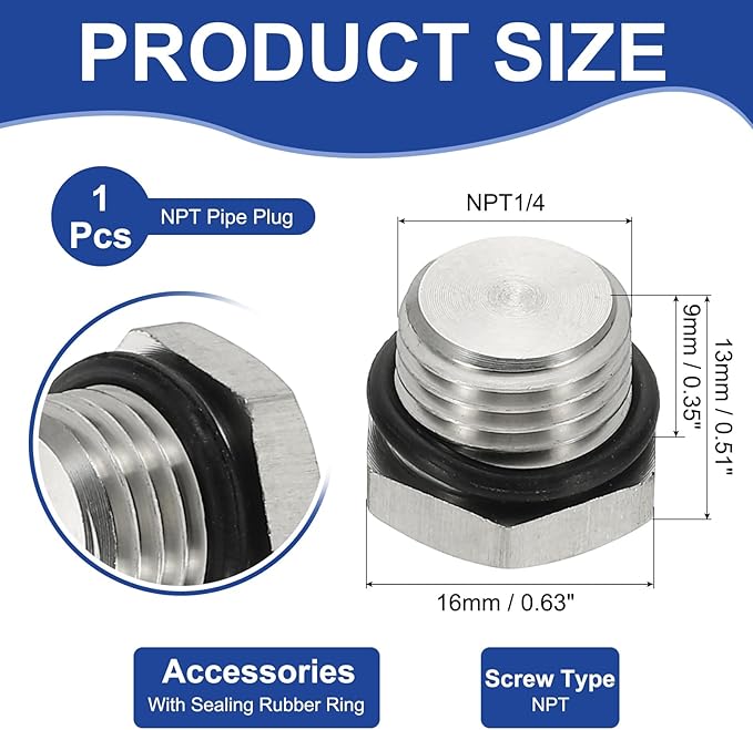 MECCANIXITY NPT Pipe Plug Fitting, 304 Stainless Steel NPT1/4 Male Outer Hex Thread for Plumbing Fixed with Sealing Rubber Ring