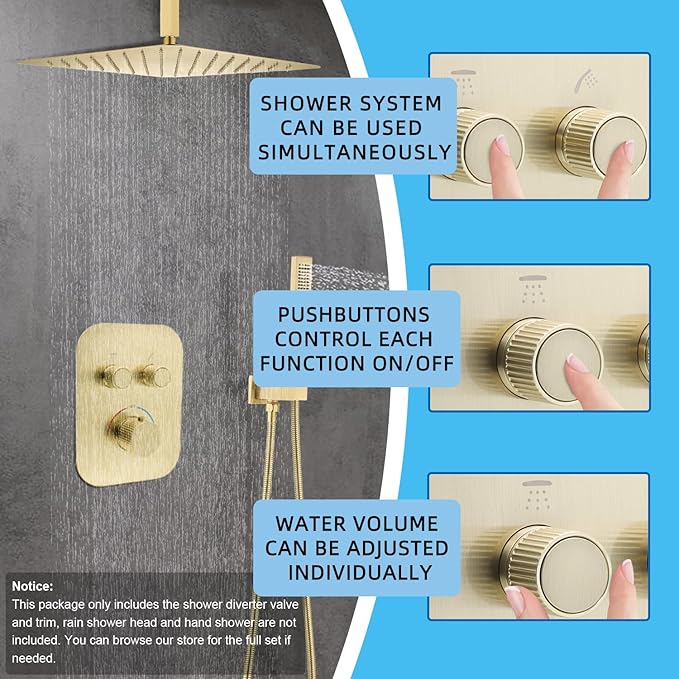 Brushed Gold 2-Way Thermostatic Shower Diverter Valve Kit - Solid Brass, Adjustable Flow, Temperature Control Mixer Valve - Perfect for Bathroom Renovation