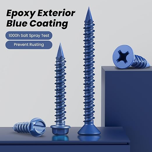 35Pcs 1/4 x 1-1/4 Inch Concrete Screws Anchor with Drill Bit, Blue Flat Head Masonry Brick Stucco Cement Block Screws, Diamond Point