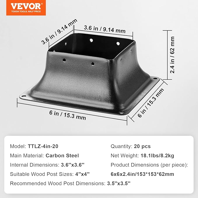 VEVOR 4x4 Post Base 20Pcs, Internal 3.6"x3.6" Heavy Duty Powder-Coated Steel Post Bracket Fit for Standard Wood Post Anchor, Decking Post Base for Deck Porch Handrail Railing Support