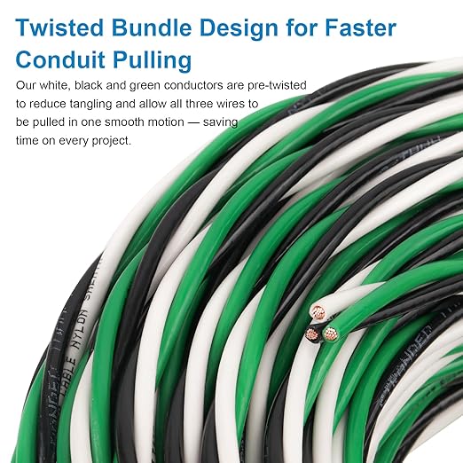12 AWG THHN Wire 15FT 3-Color Set (Black/White/Green) – Stranded Copper, Pre-Twisted Conductors, THHN/THWN-2 Rated, 600V, Nylon Jacket for Conduit, Residential & Commercial Wiring