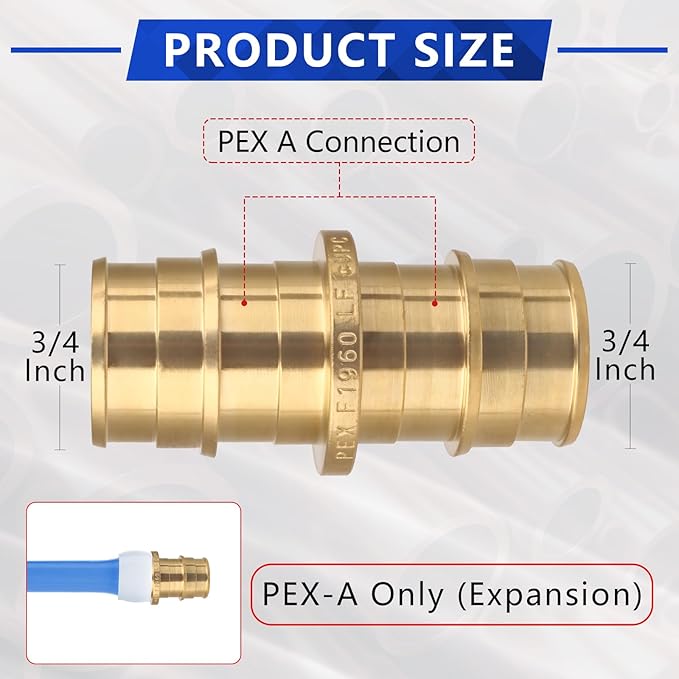(10-Pack YVSKM) 3/4" PEX-A Straight Coupling Expansion Fitting, Lead-Free Brass Full Flow Connector, ASTM F1960 & cUPC Certified for Residential Hot & Cold Water and Radiant Heating Systems