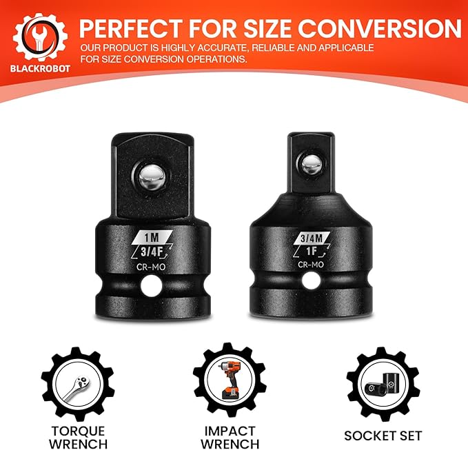 BLACKROBOT 2PCS Impact Socket Adapter and Reducer Set, 3/4" to 1" & 1" to 3/4" Socket Adapter Set, SAE Drive Cr-Mo Steel Exceeds ANSI Standards, Square Drive for Impact Driver Wrench