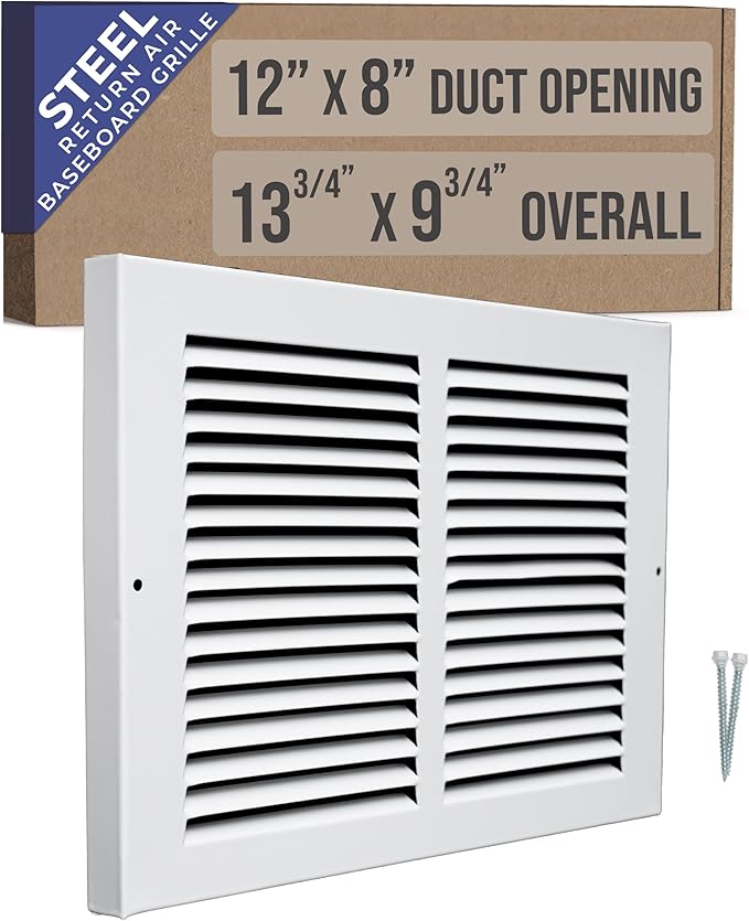 Fits 12x8 Duct Opening | Steel Baseboard Return Air Grille by Handua | Vent Cover Grill | 7/8" Margin Turnback [Depth] to Fit Baseboard | White | Outer Dimensions: 13.75"W X 9.75 "H
