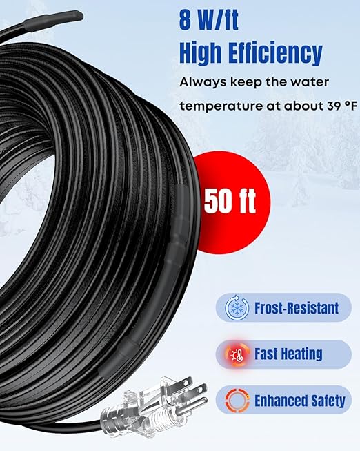 Pawfly 50 FT Heat Tape for Water Pipes, 8 W/ft 120 V Pipe Heating Cable, Self-Regulating Heating Trace for Pipes Freeze Protection, Roof Heat Cable for Pipe Roof Gutter, Keep Water Flowing at -40 °F
