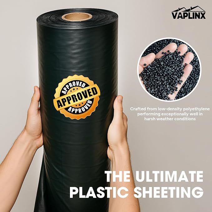 10 Mil Black Plastic Sheeting 2.5x100 FT – UV Protection Poly Sheeting Polyethylene Film, Black Plastic Rolls for Garden, Crawl Space Vapor Barrier, Construction, Landscaping, Weed, Moisture Control