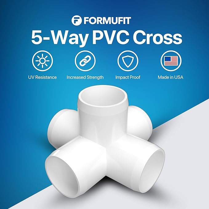 FORMUFIT 1-1/2" 5-Way PVC Cross Furniture Grade Fitting in White, 1.9" Actual ID, (Pack of 4), Made in USA, UV-Resistant, Impact-Proof, Add Internal Structure Support with PVC Pipe - F1125WC-WH-4